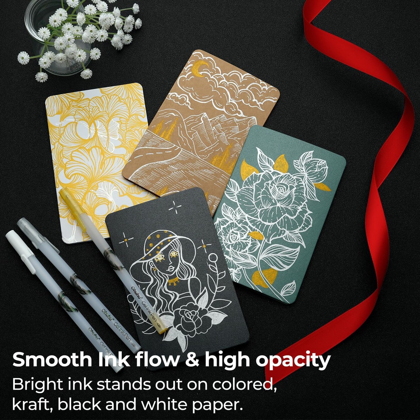 Gold, Silver & White Gel Pens – 12-Pack Extra Fine 0.8mm Metallic Gel Ink Pens for Black Paper, Drawing, Sketching, Scrapbooking, Bullet Journals – Leahi