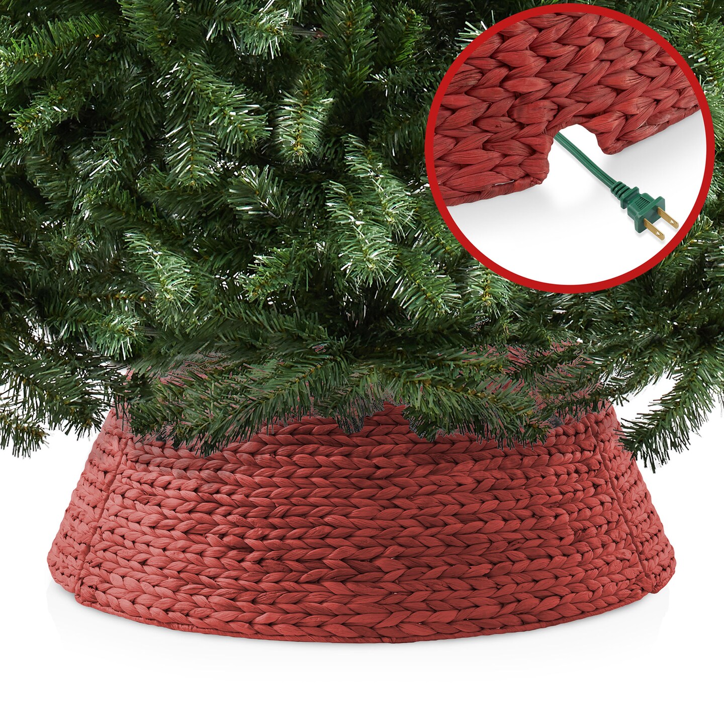 Casafield Christmas Tree Collar, Woven Water Hyacinth Tree Base Cover with Cord Cut Out