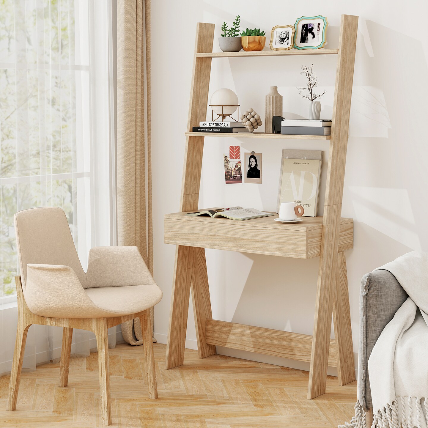 Costway Home Office Ladder Desk Wall-Leaning Laptop Workstation with Storage Shelves Natural/White/Walnut