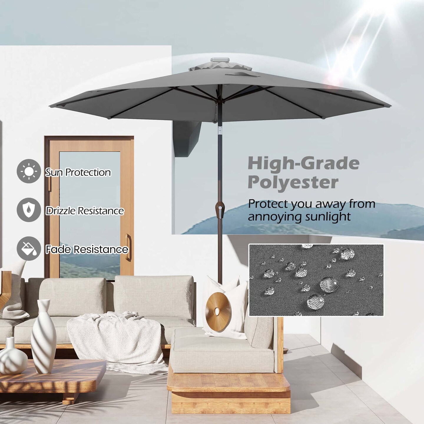 Costway 10' Solar LED Lighted Patio Market Umbrella Shade Tilt Adjustment Crank Tan/Beige/Blue/Navy/Burgundy/Gray