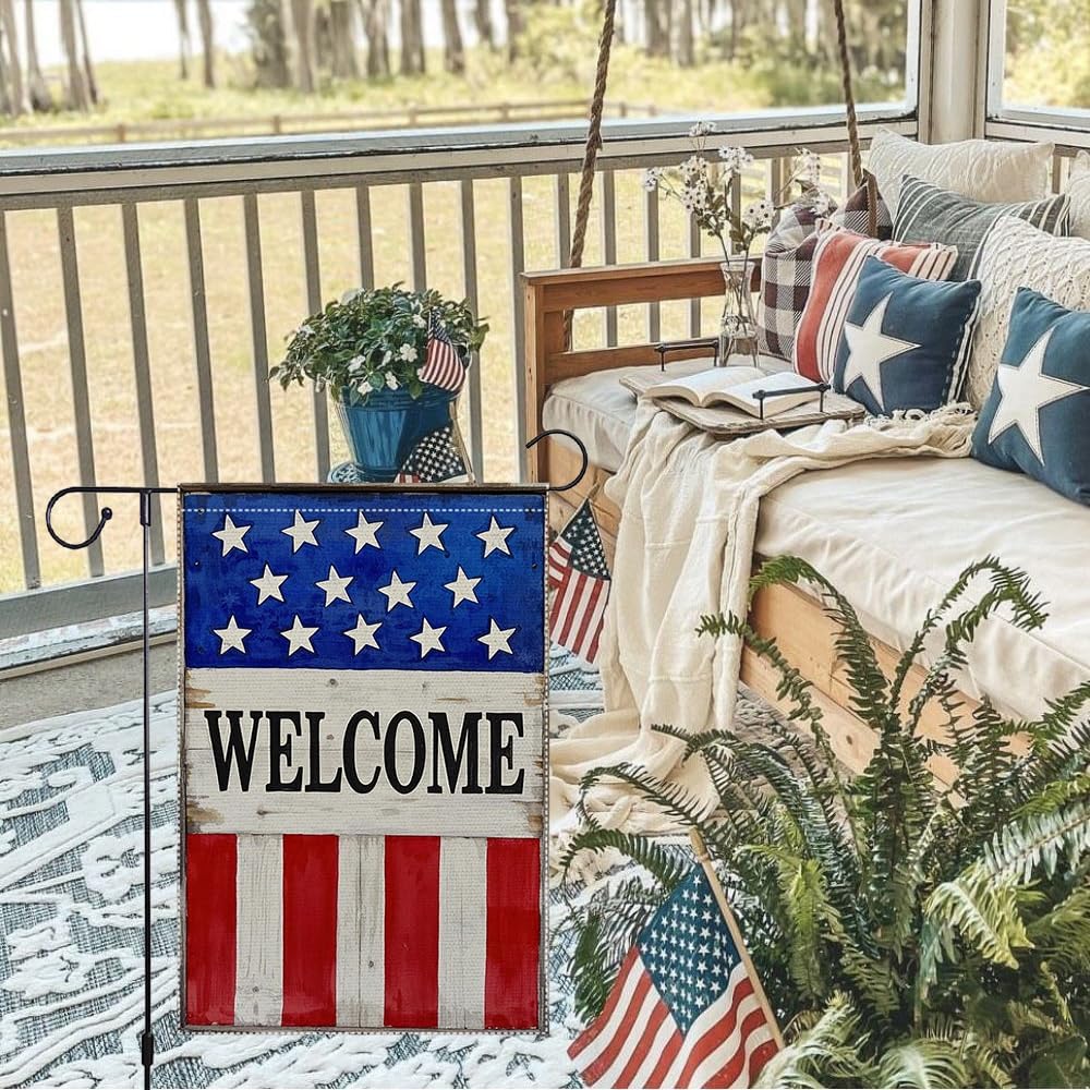 Patriotic American Garden Flag Welcome 4th Of July Garden Flags Decor Rustic Farmhouse Home Yard Lawn Double Sided Small Independence Day Decorations 12x18 Inch