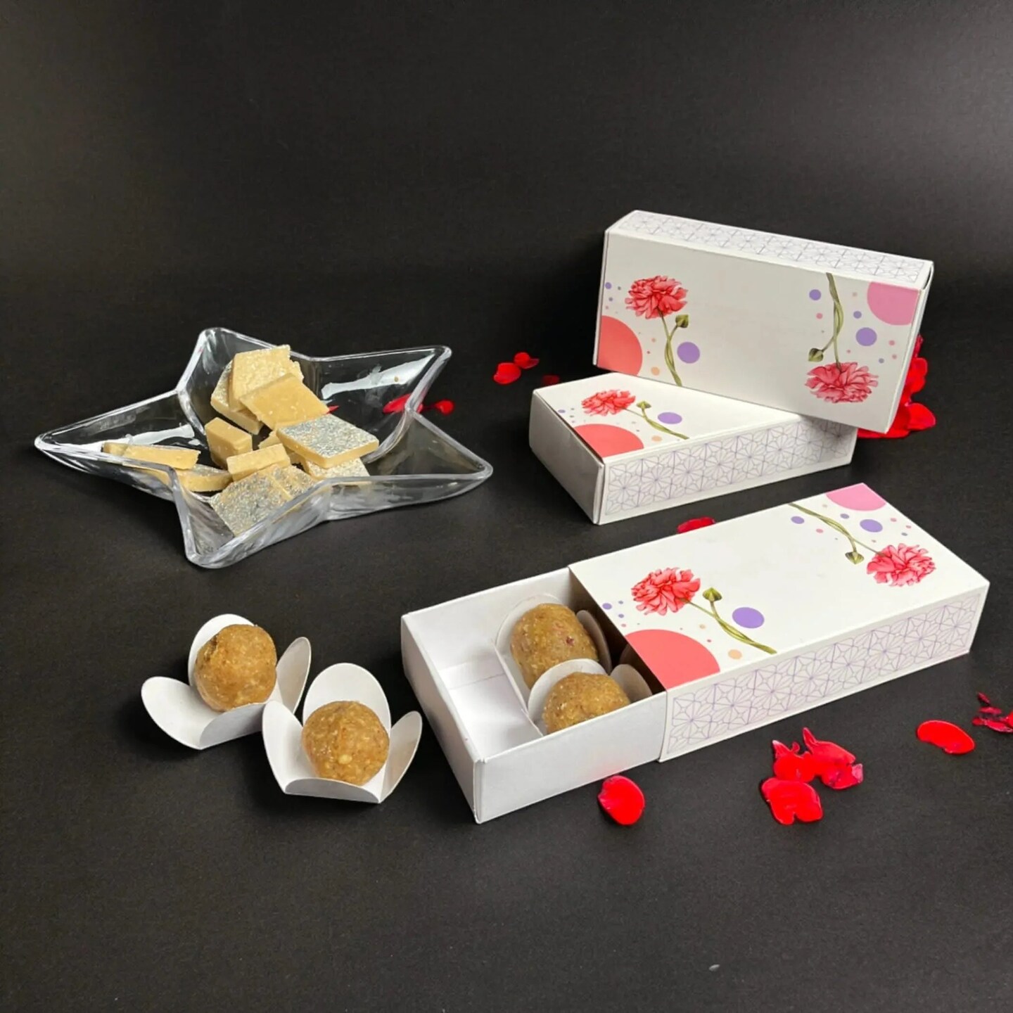 Sweet Boxes for Indian Sweets Peony Flower Design Empty Mithai Box with Lid for Cookies Goodies Candy Handmade Bulk Favor Boxes for Wedding Pooja Baby Shower Housewarming Return Gifts