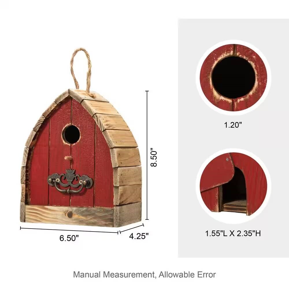Washed Red Iron and Solid Wood Vintage Hanging Birdhouse with Metal Roof