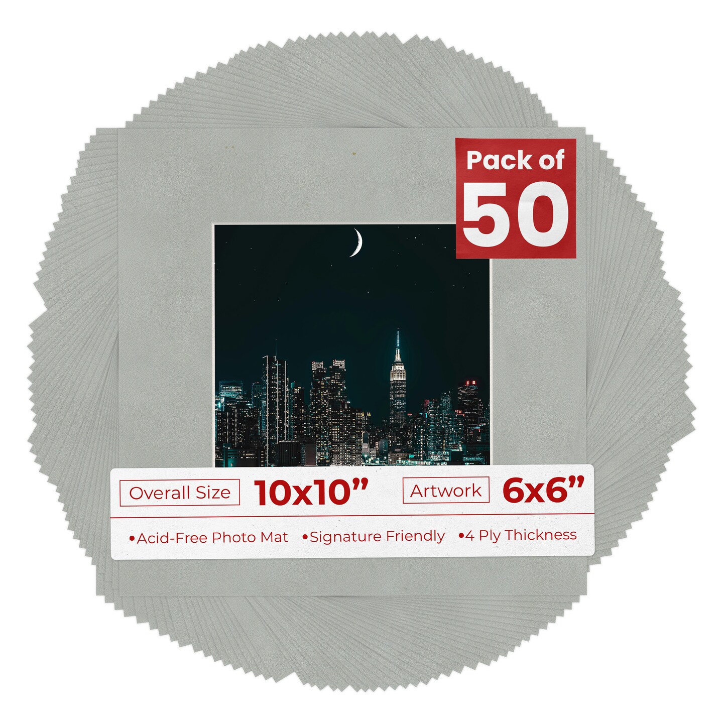 Light Grey Suede Mat Board for 10x10 Frames - Fits 6x6 Photos