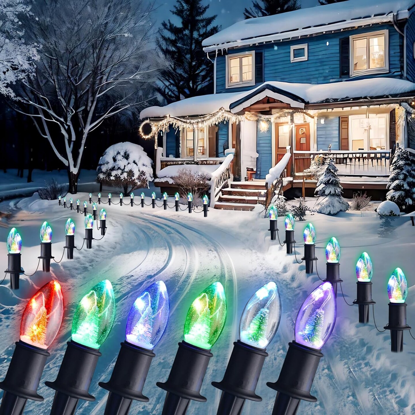 Christmas Pathway Lights Outdoor - 24.2Ft 20 C9 LED Christmas Lights with Marker Stakes, Christmas Tree Color Changing String Lights for Walkway Yard Decorations Waterproof Plug in Multicolor