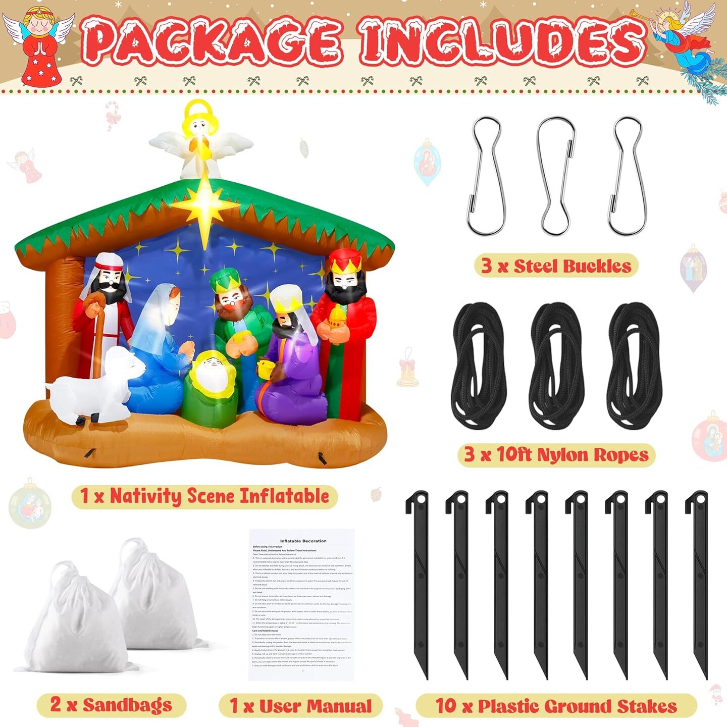 8FT Christmas Inflatables Nativity Scene, Blow Up Christmas Nativity Scene, LED Lighted The Birth of Jesus Scene Inflatables Decor, Christmas Outdoor Inflatable Decorations for Xmas Yard Lawn Patio