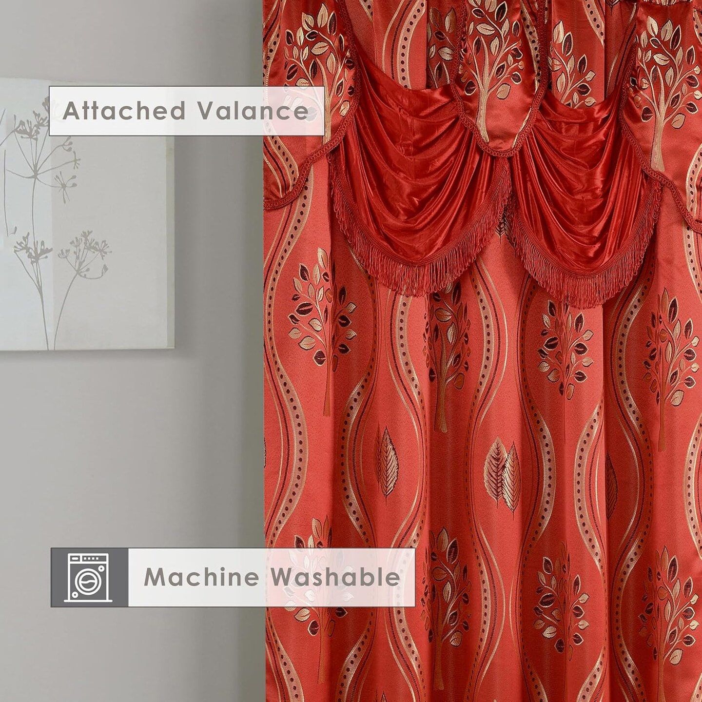 Luxurious Beautiful Curtain Panel Set with Attached Valance and Backing 54&#x22; X 84 inch (Set of 2), Red