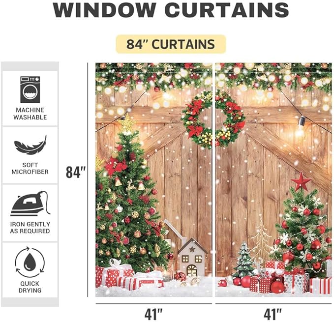 Christmas Wooden Barn Window Curtain Rustic Xmas Pine Tree Festival Holiday Print Curtains Home Decor Rod Pocket Darkening Drapes for Bedroom Living Room 82 in x 84 in