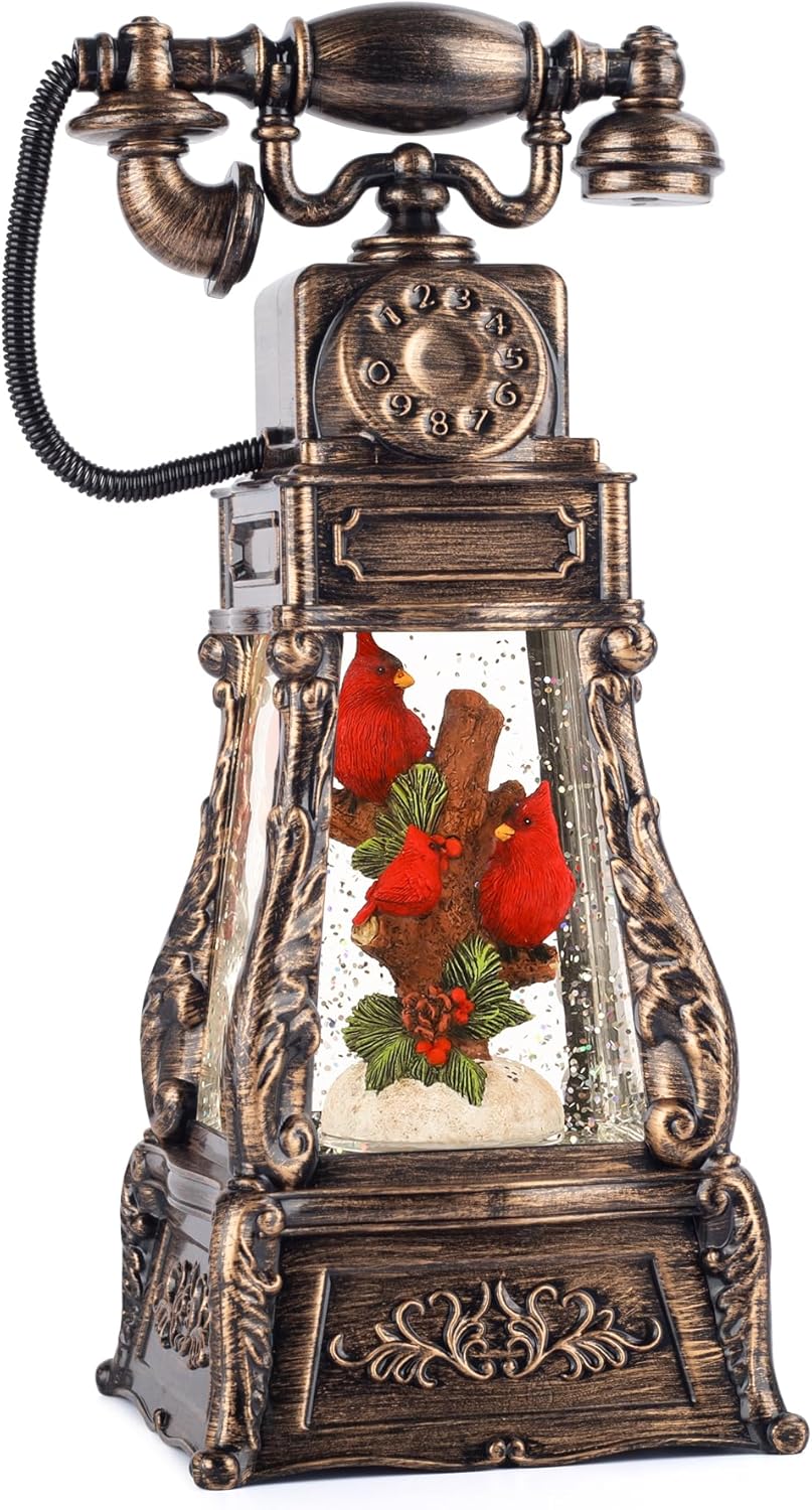 Cardinal Telephone Christmas Snow Globe-Glittering Light Up Musical Snow Globe Christmas Decorations, 6H Timer, USB &#x26; Battery Operated, Cardinal Gift Indoor Home D&#xE9;cor