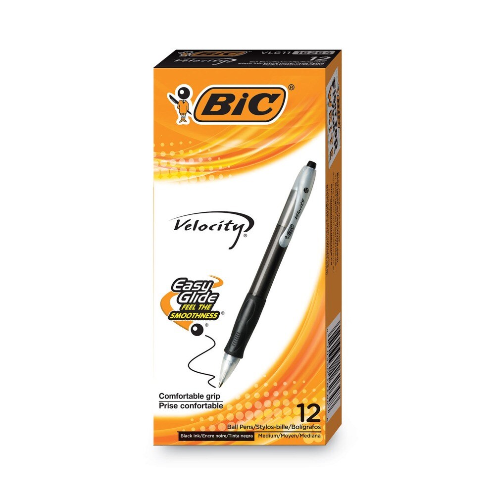 BIC Velocity Easy Glide 1 mm Medium Ballpoint Pen - Black Ink/Translucent Black Barrel (1-Dozen)
