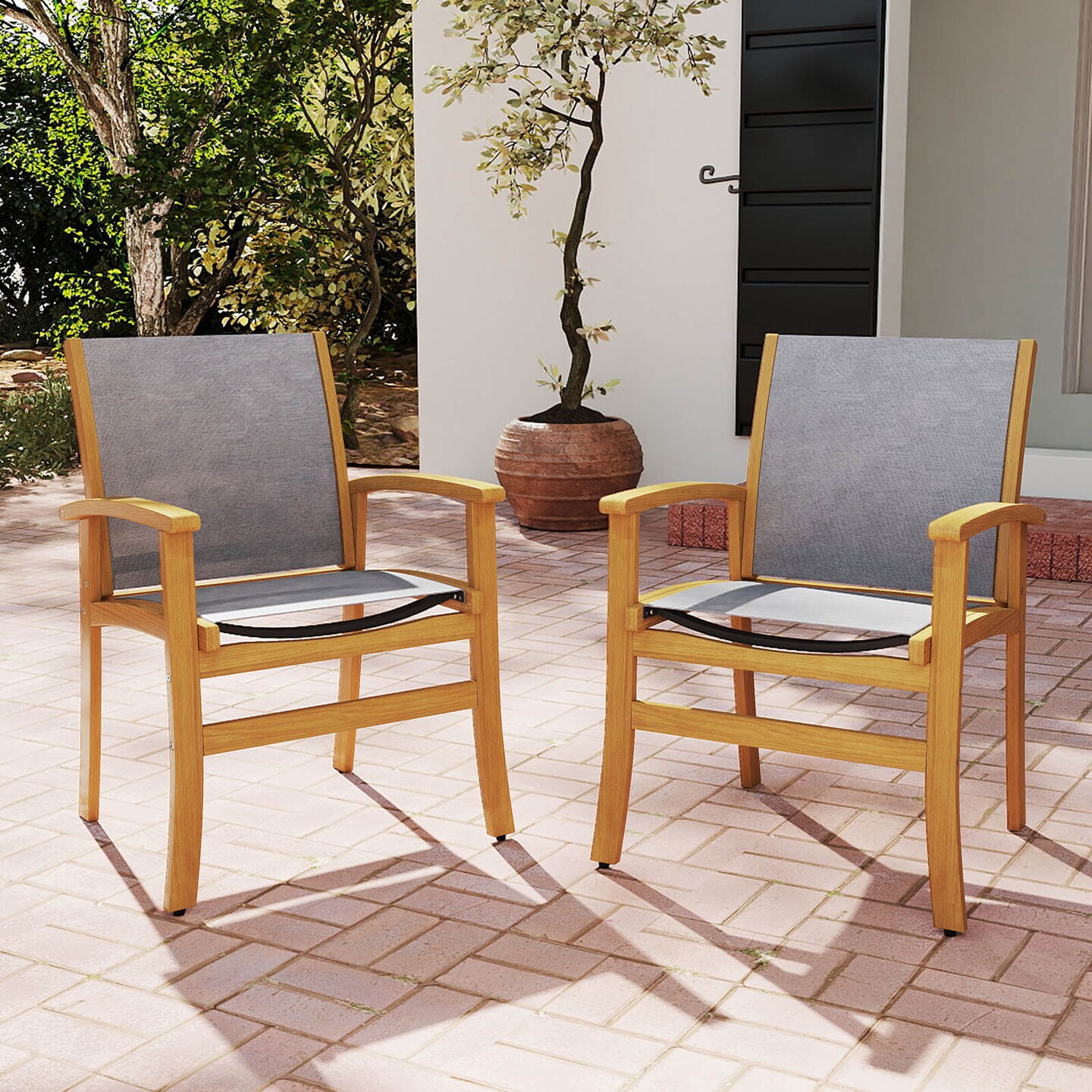 Costway 2/4 PCS Outdoor Dining Chairs Acacia Wood Patio Chairs with Breathable Fabric Seat Brown/Yellow