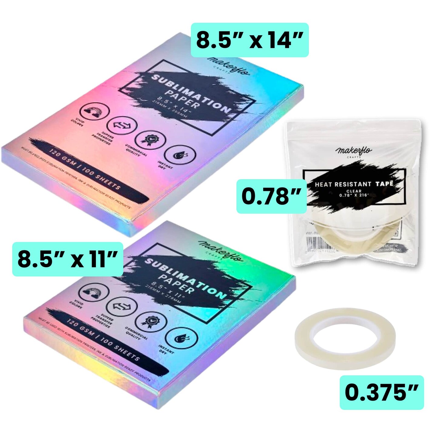 MakerFlo Sublimation Printing Pack – 200 Sheets Sublimation Paper (8.5 x 11 & 8.5 x 14) with Heat-Resistant Tape for Tumblers, Mugs & Craft Projects