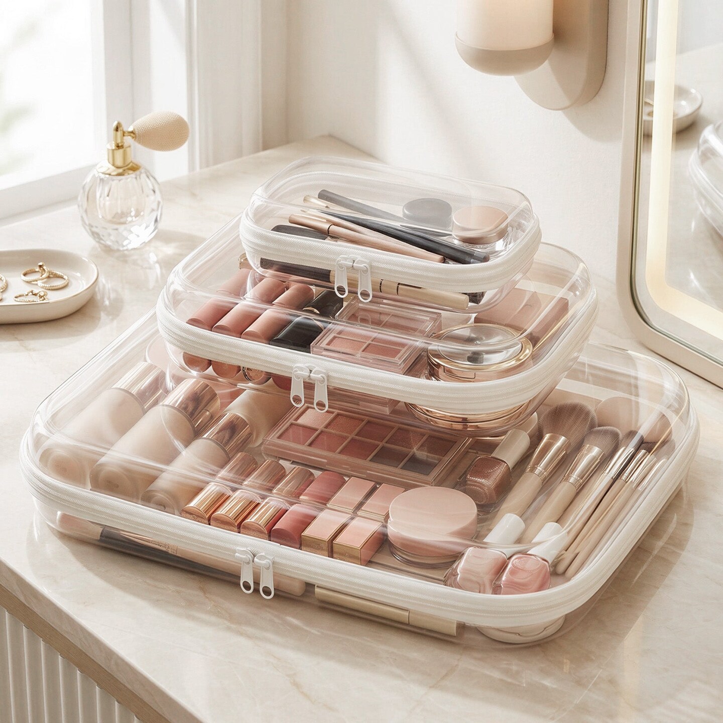 Wrapables Transparent Hard Shell Zipper Case, Clear Travel Storage Organizer for Toiletries, Makeup, and Cosmetics (Set of 3), LMS