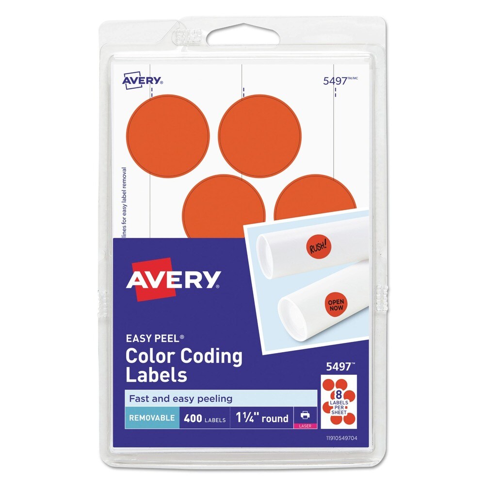 Avery 1.25 in. Diameter Printable Self-Adhesive Removable Color-Coding Labels - Neon Red (8/Sheet, 50 Sheets/Pack)