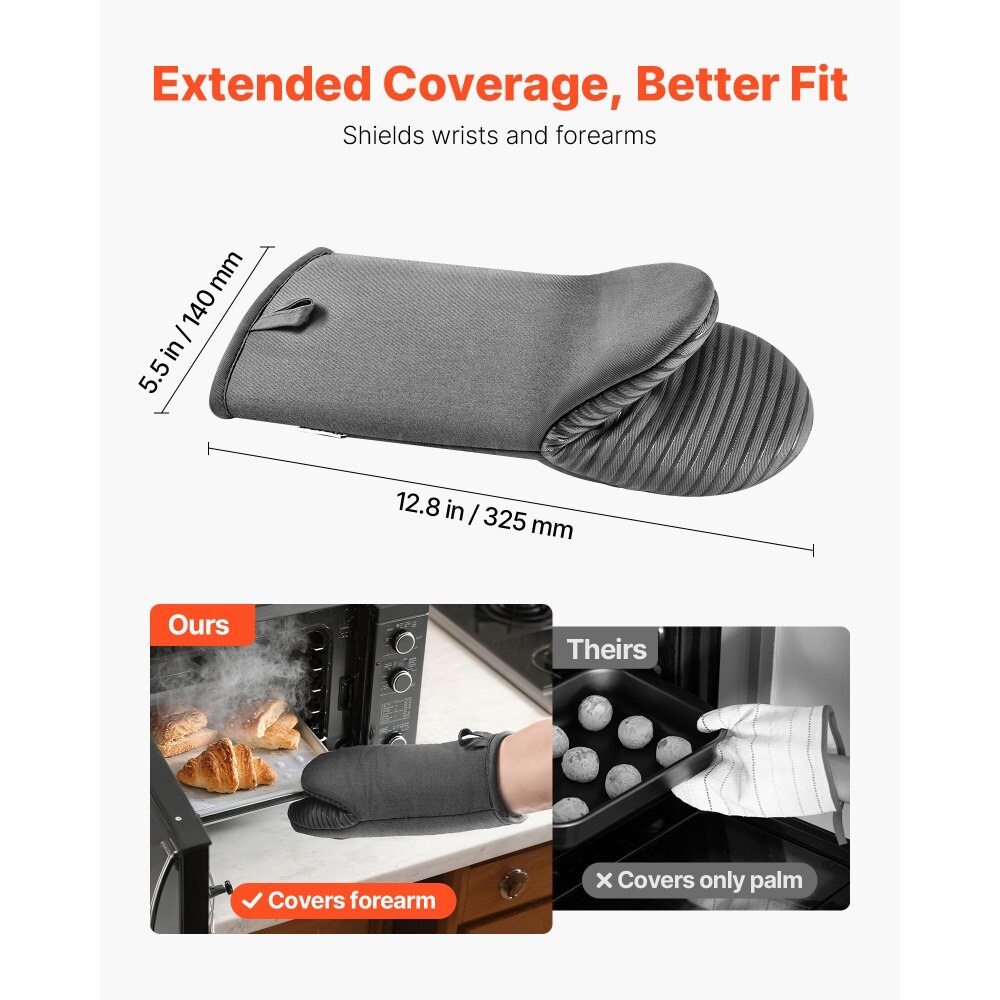 Heat Resistant Cotton Silicone Oven Mitts (500°F) Non-Slip Grip, Extra Long Kitchen Gloves with Hanging Hooks