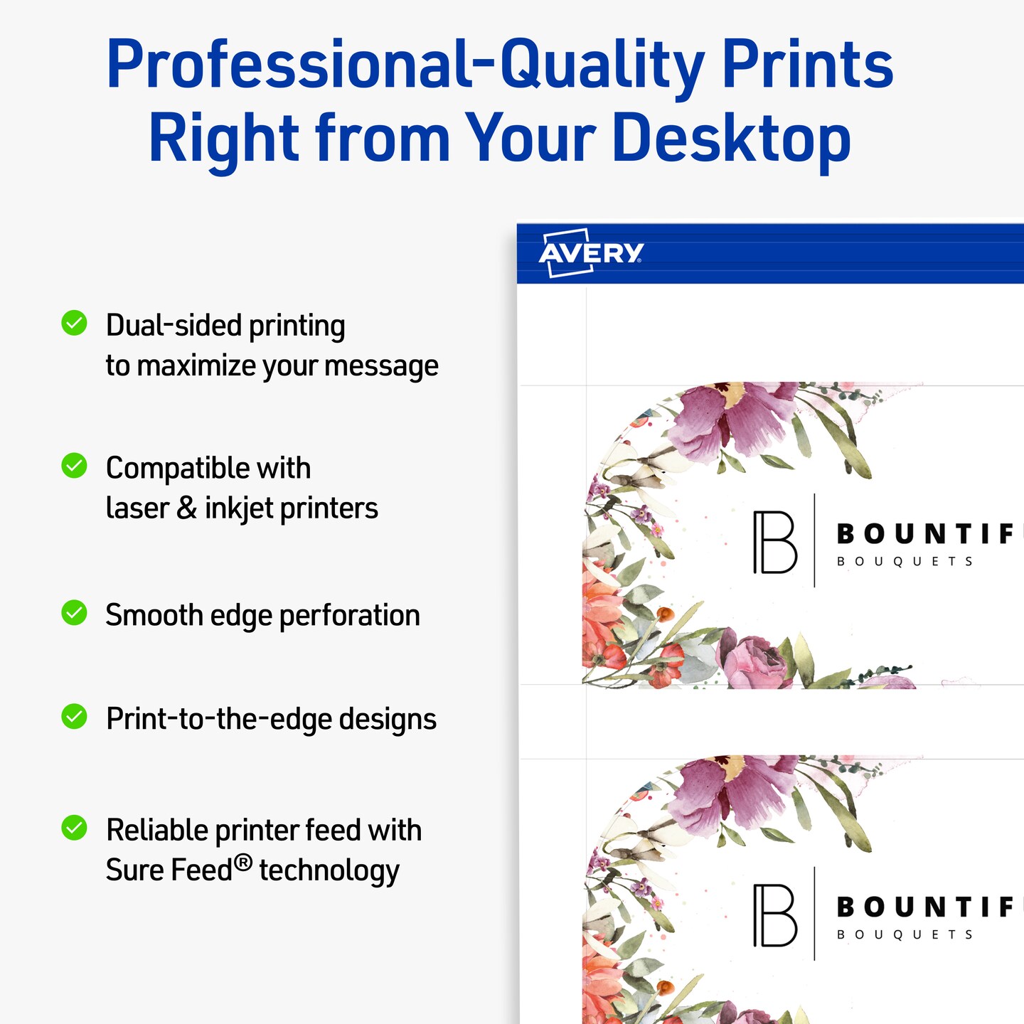 Avery Printable Single Rounded Corner Rectangle Business Cards, Sure Feed Technology, 2" x 3-1/2", Matte White Cardstock, Print-to-The-Edge, Laser/Inkjet Printable, 80 Total