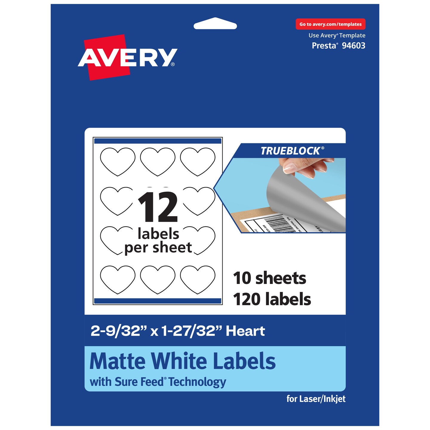 Avery TrueBlock Matte White Paper Labels, 2-9/32" x 1-27/32" Heart