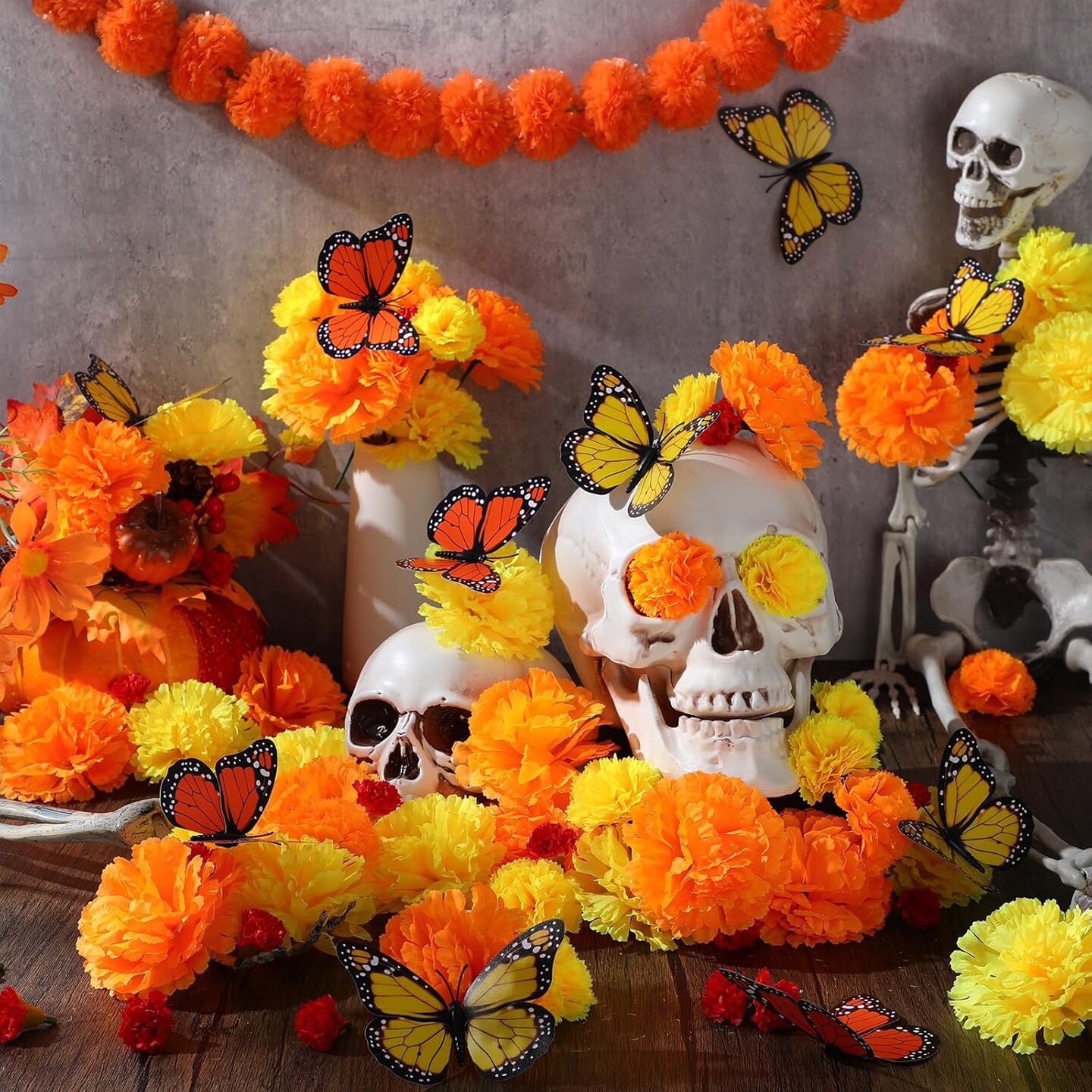 90 Pcs Day of The Dead Decorations Marigold Flower (Red, Yellow, Orange) 11.02&#x22;D x 11.02&#x22;W x 1.57&#x22;H