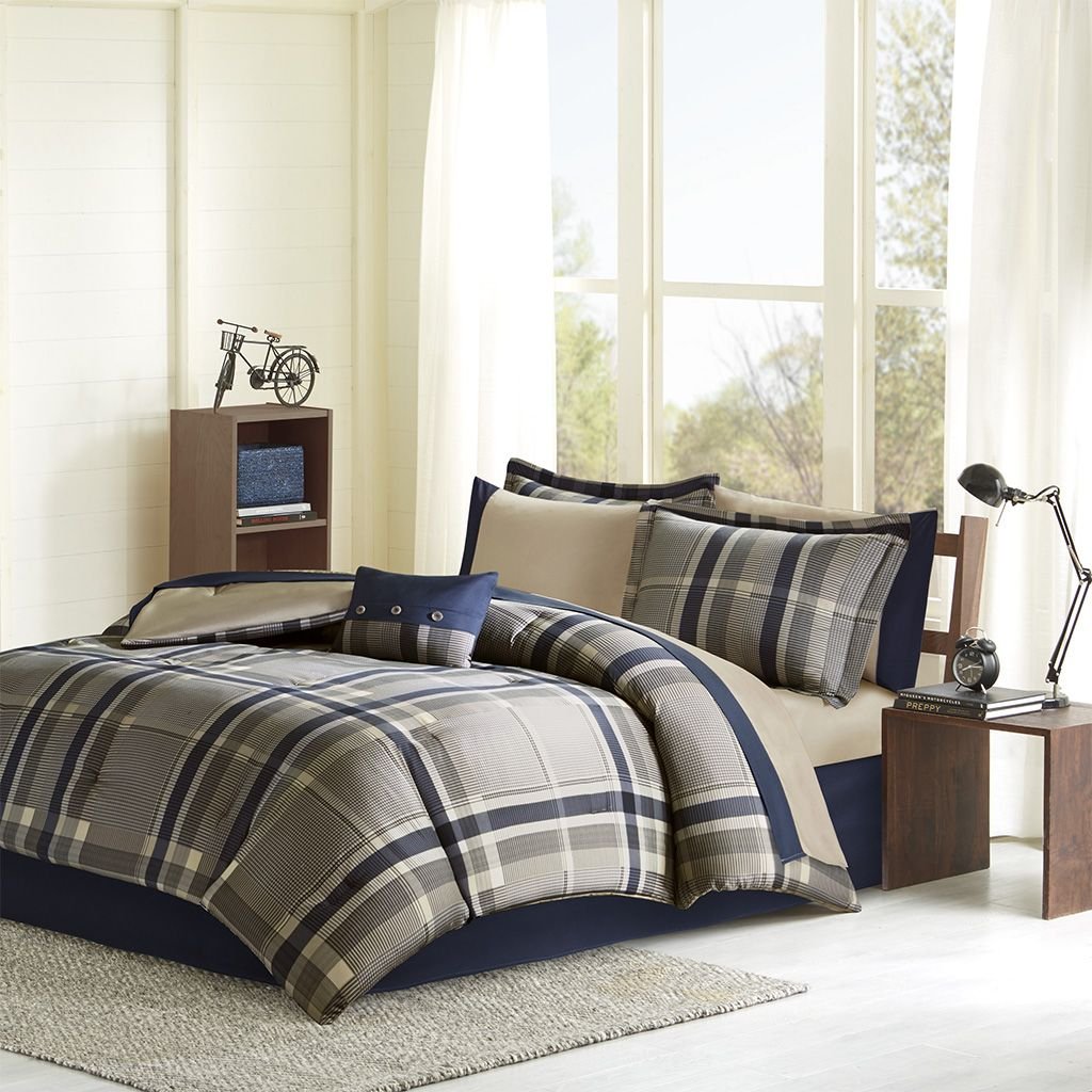 Edge Collections - 18'' x 16' - Blue - Intelligent Design Twin Plaid Comforter Set with Bed Sheets and Pillow - 1 Set