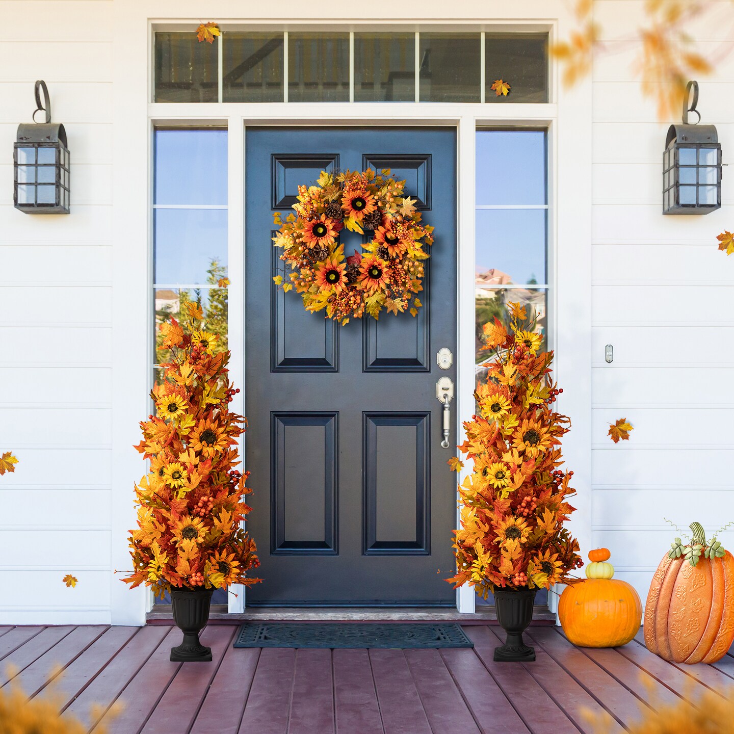 Set of 2 48"H Fall Lighted Maple Leaf and Sunflower Urn Porch Tree with Timer