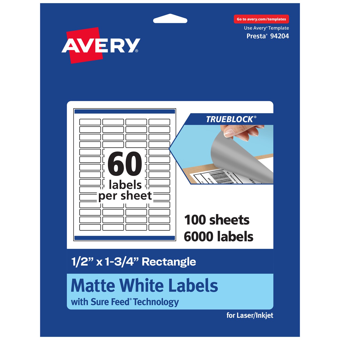 Avery TrueBlock Matte White Paper Labels, 1/2" x 1-3/4" Rectangle