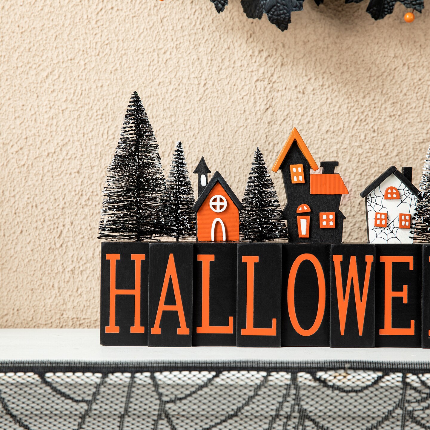 Set of 2 14&#x22;L Halloween Wooden &#x22;HALLOWEEN&#x22; Haunted House Table Sign