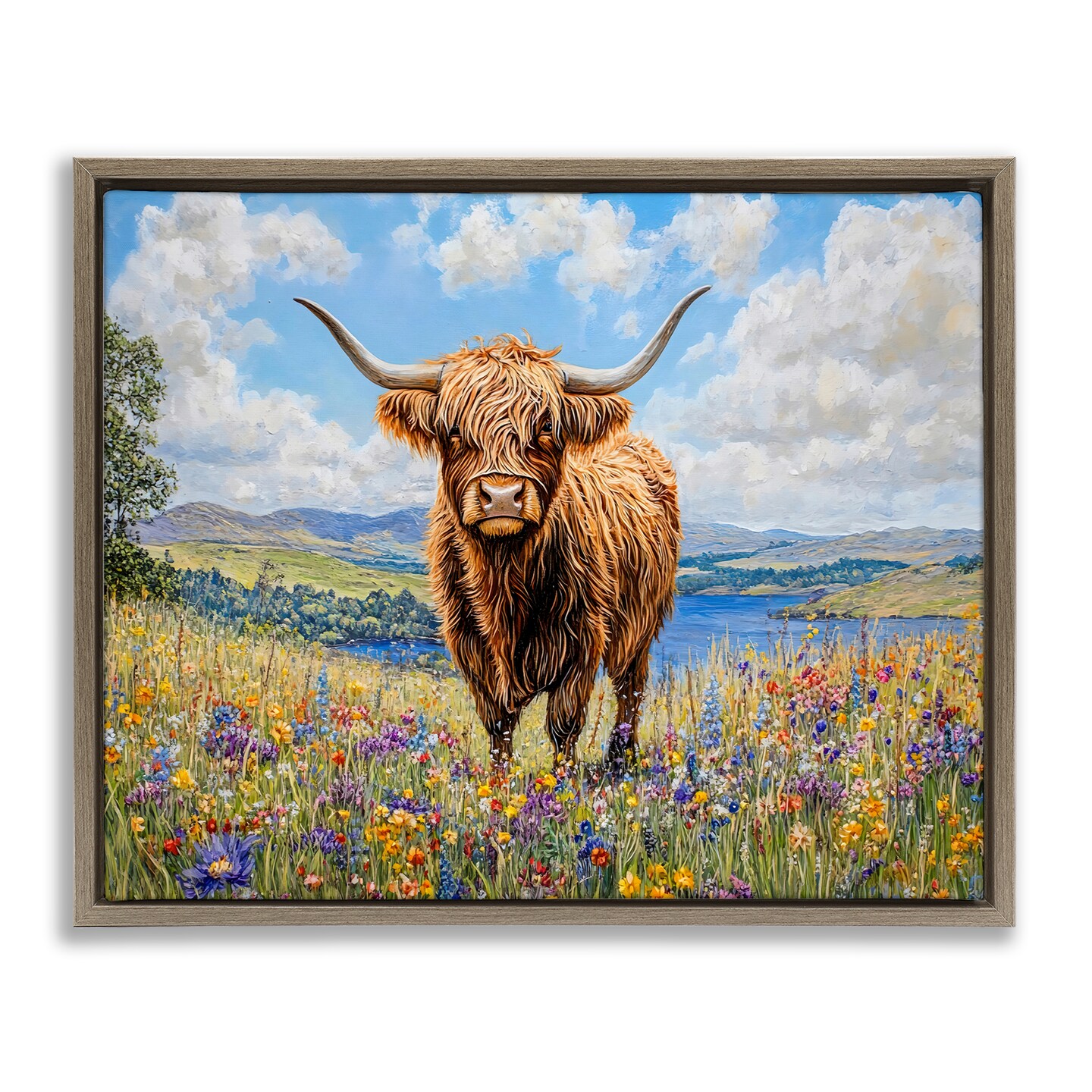 Stupell Industries Highland Cattle in Summer Meadow Floating Frame By Franklyn Gregory