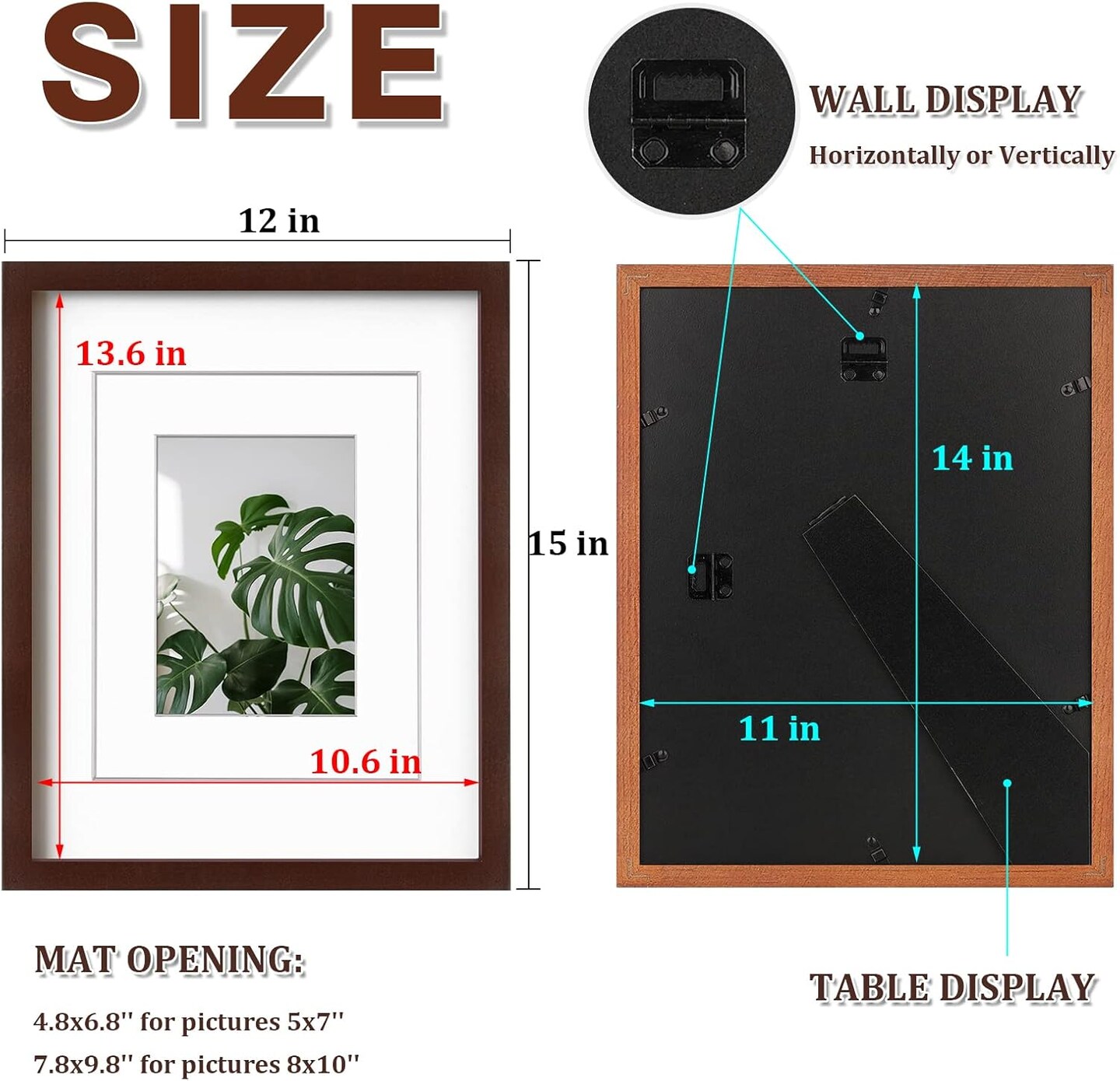 Set of 4 Solid Wood 11×14 Picture Frames in Walnut Finish with Plexiglass, Display 5×7 or 8×10 with Mat or 11×14 Without Mat, Suitable for Tabletop or Wall Display