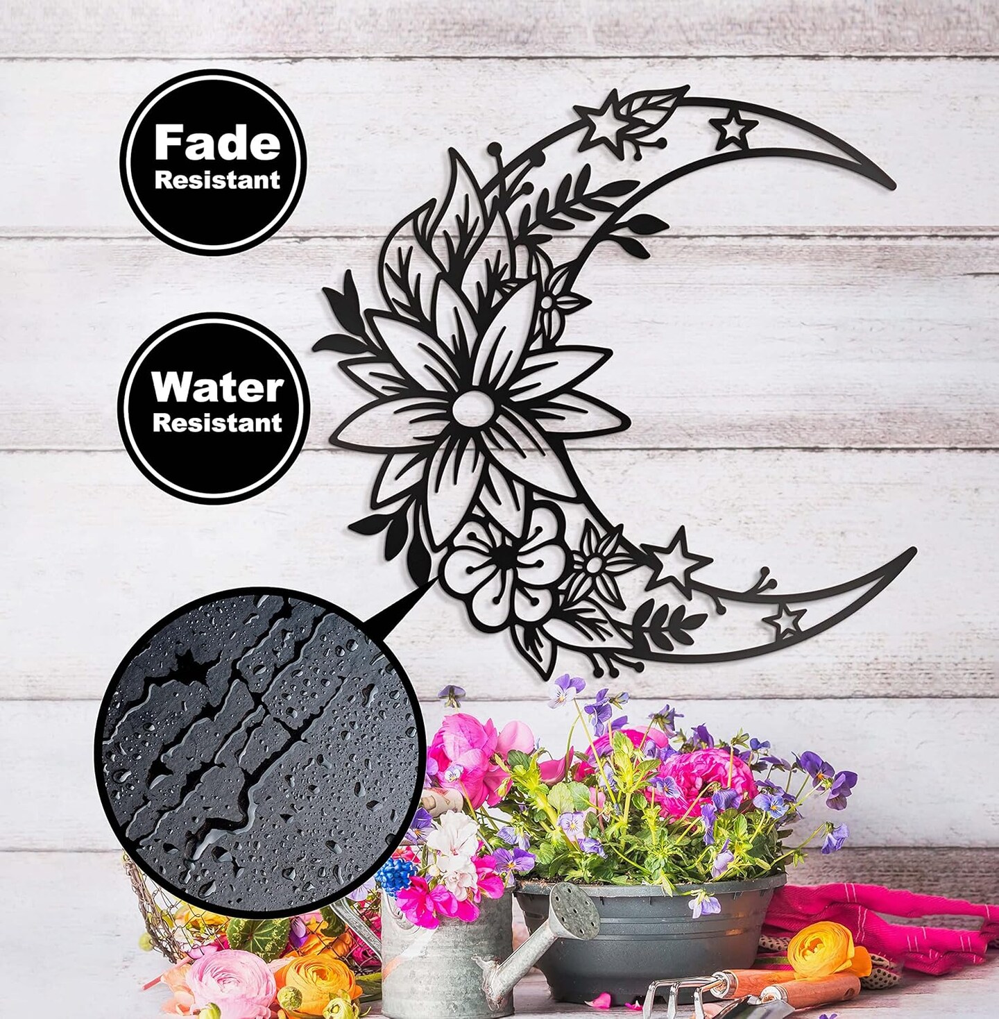 14"X13.5" Black Boho Large Floral Moon and Star Phase Wall signs