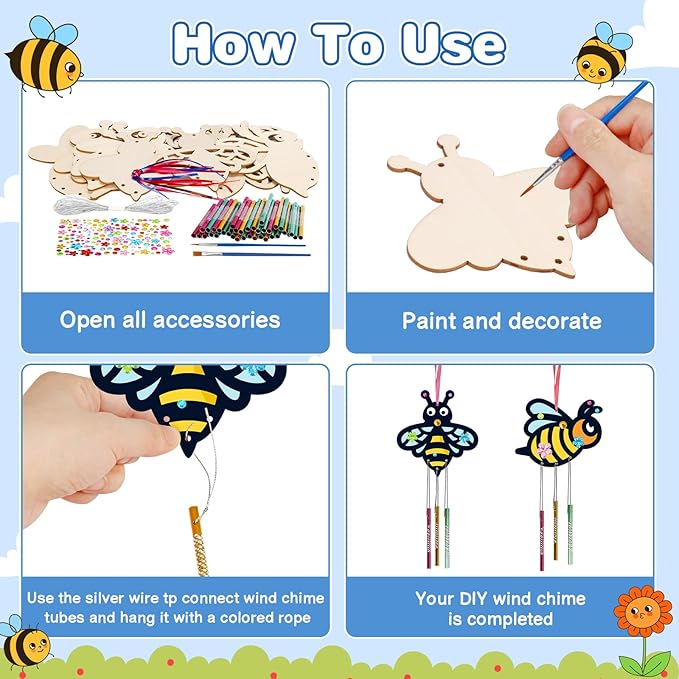 10 Pack Bee Wind Chime Kit for Kids Make You Own Honey Bee Wind Chimes Ornaments DIY Coloring Wooden Art and Craft for Insects Spring Art Activities Birthday Party Decorations