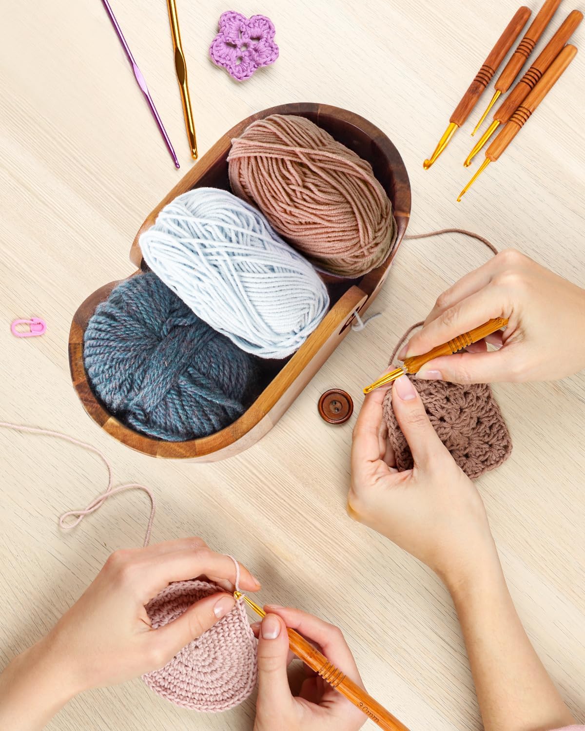 9pcs Knitting Hooks, Yarn Storage Crochet Bowl Knitting for Crocheters, Large Yarn Bowl Acacia Wooden 11.3x5.9x4.7inch
