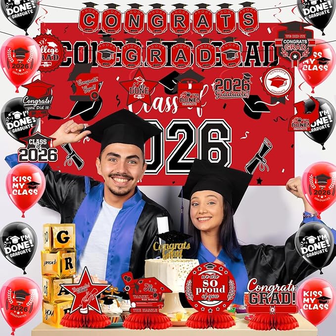 2026 Graduation Decorations Set- Class of 2026 Grad Party Decorations, Congrats Grad Banner, Backdrop, Grad Hanging Swirl, Balloons and Honeycomb Table Toppers, Graduation Party Supplies