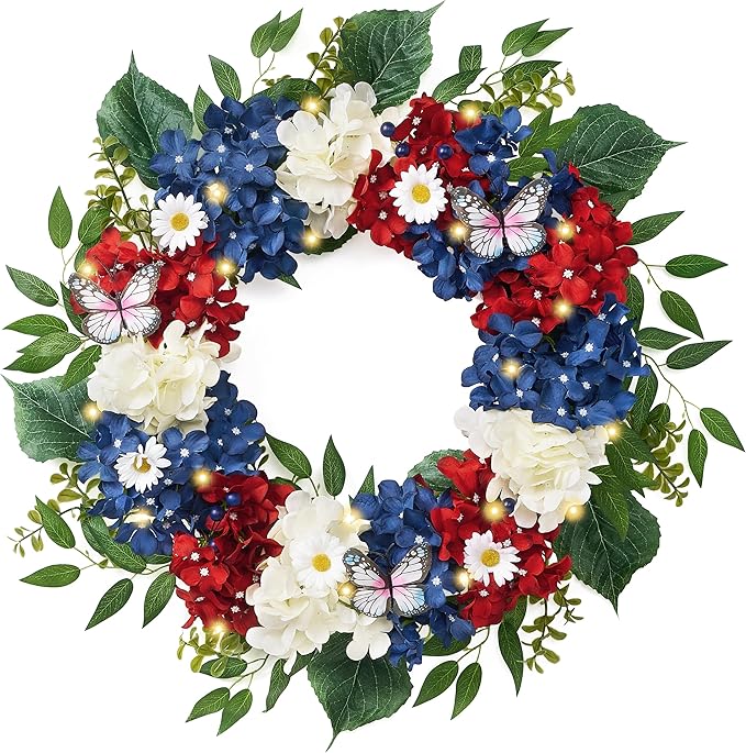 4th of July Wreath for Front Door with Lights, Red White Blue Patriotic Hydrangeas Wreath Memorial Day Decorations with Eucalyptus Leaves Butterfly for USA 250th Anniversary Summer, 18"