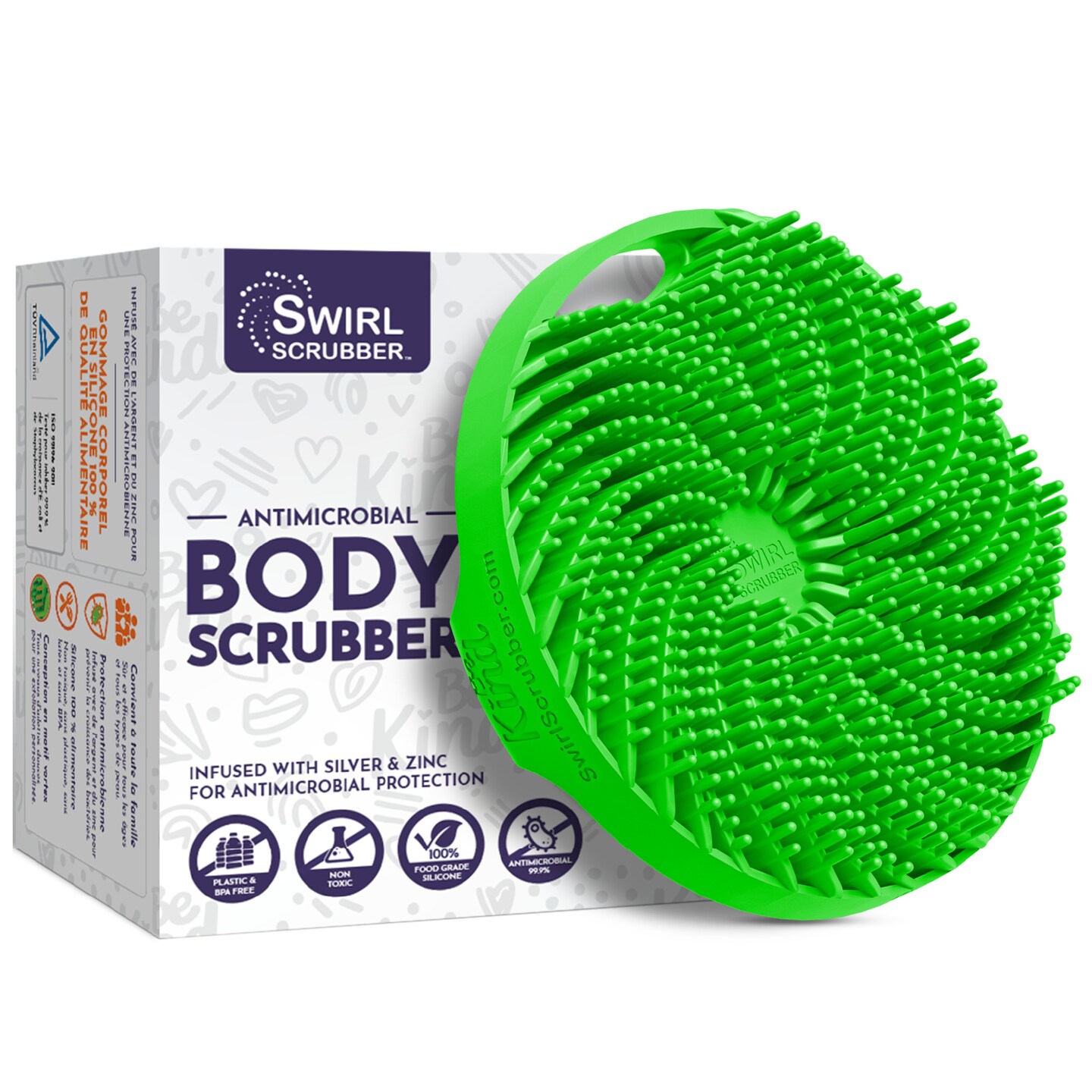 Swirl Scrubber: Antimicrobial Silicone Body Scrubber - Green - Shower Hanger &#x26; Sticker, Lymphatic Support, Deep Exfoliation-Cleansing, Family Hygiene
