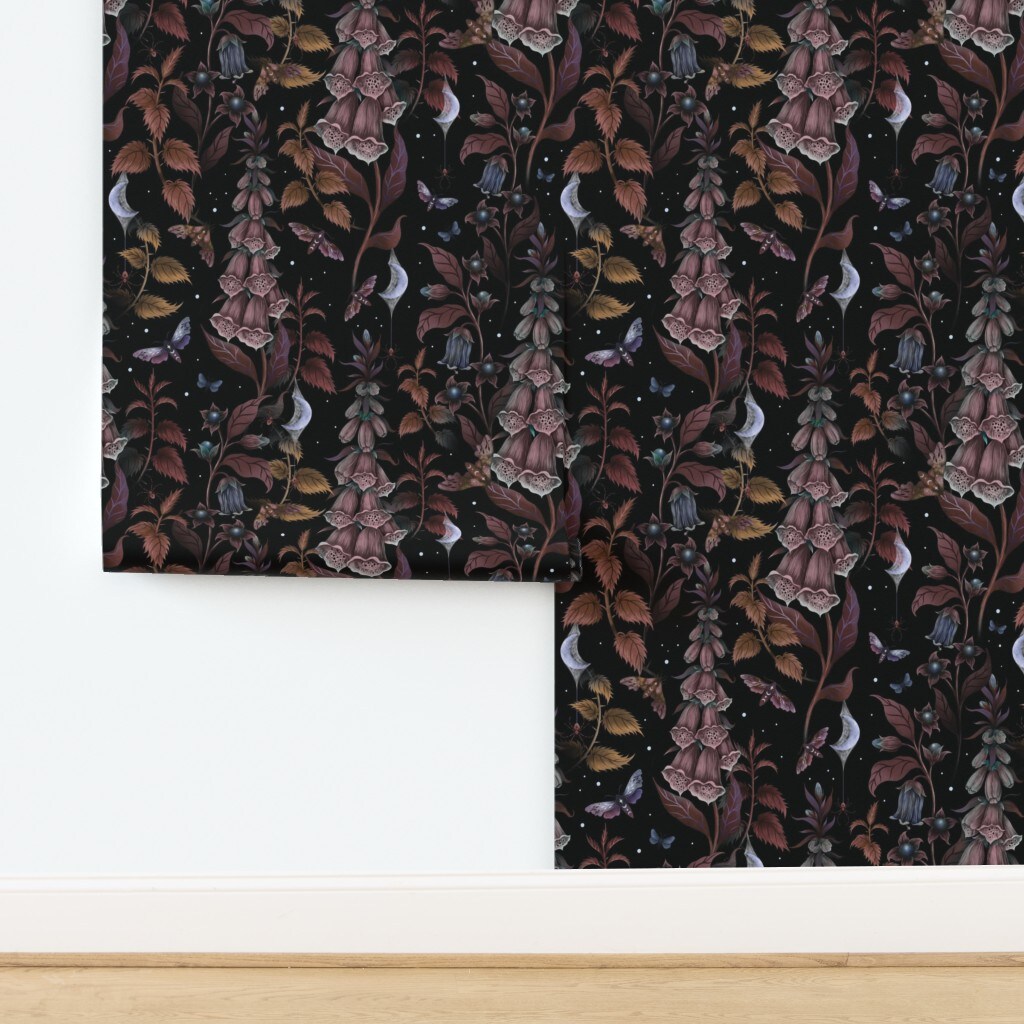 Foxglove Digitalis Poisonous Plants Gothic Botanical Spider Magical Mystical Crescent Moon Custom Removable Wallpaper by Spoonflower Peel & Stick Wallpaper 2FT Wide