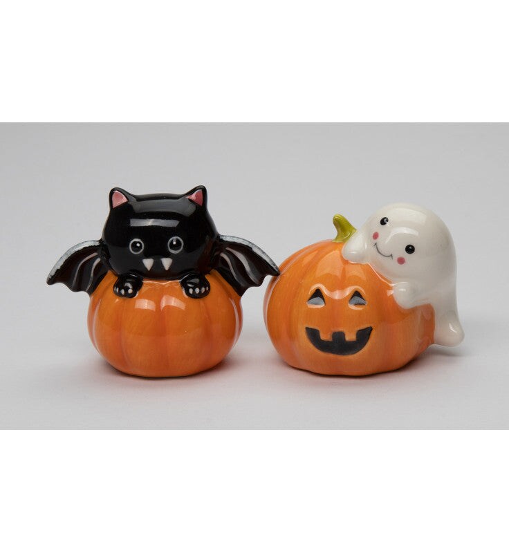 Ceramic Cute Bat and Ghost on Pumpkins Salt and Pepper Shakers, Gift for Her, Gift for Mom, Kitchen Décor, Fall Décor, Halloween Décor