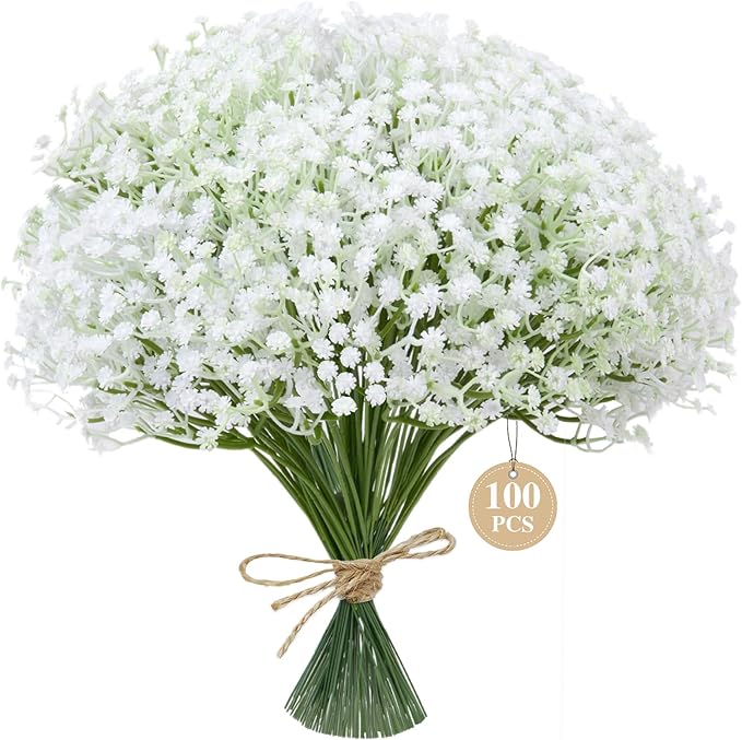 100 Pcs Babys Breath Artificial Flowers White Baby Breath Flowers Artificial Bulk,Real Touch Fake Flowers Baby's Breath for Wedding Party Home Garden Decoration