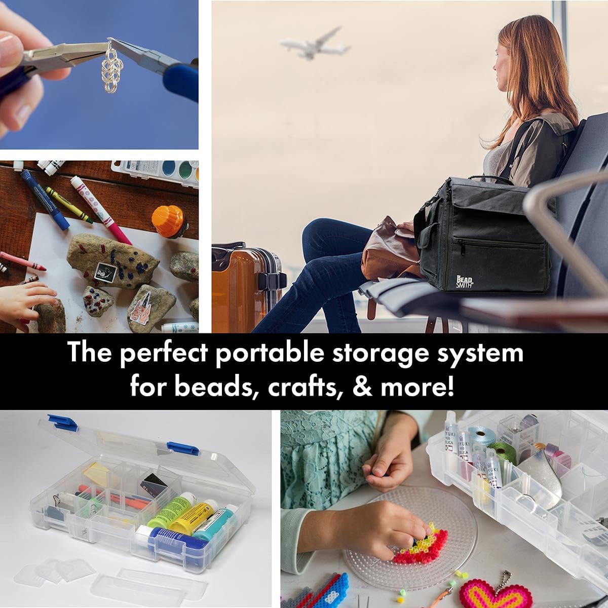The Beadsmith Keeper Traveler - 13" x 7.5" x 11.5" - Includes 6 Organizer Boxes, Zip Front Tote Bag with Carrying Handle & Removable Adjustable Strap - Portable Storage System for Beads & Supplies