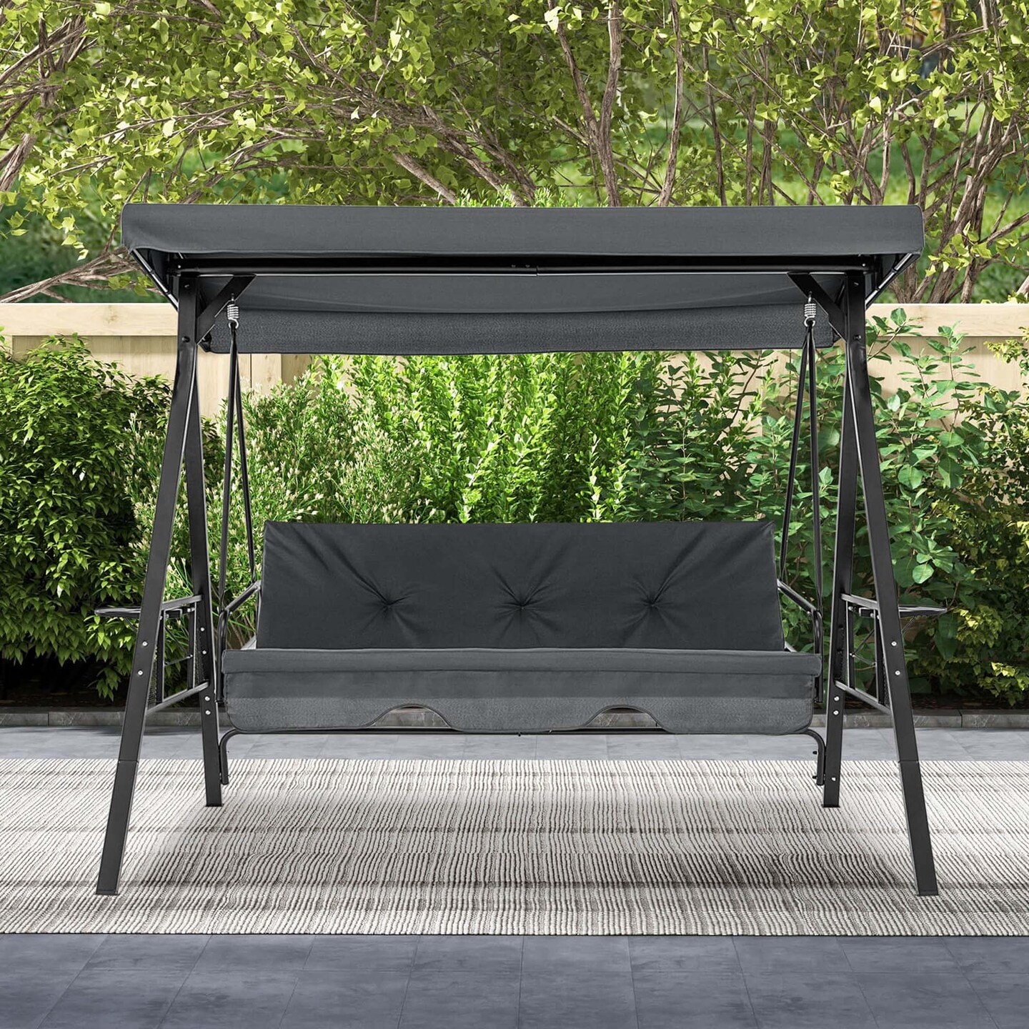 Costway 3-Seat Patio Porch Swing withAdjustable Canopy Soft Seat Back Cushions Side Tables Brown/Grey