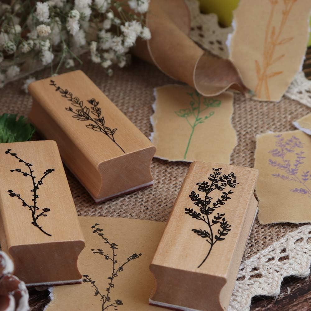 8 Pieces Wood Mounted Rubber Stamps, Plant and Flower Decorative Wooden Rubber Stamp Set for DIY Craft, Diary and Craft Scrapbooking