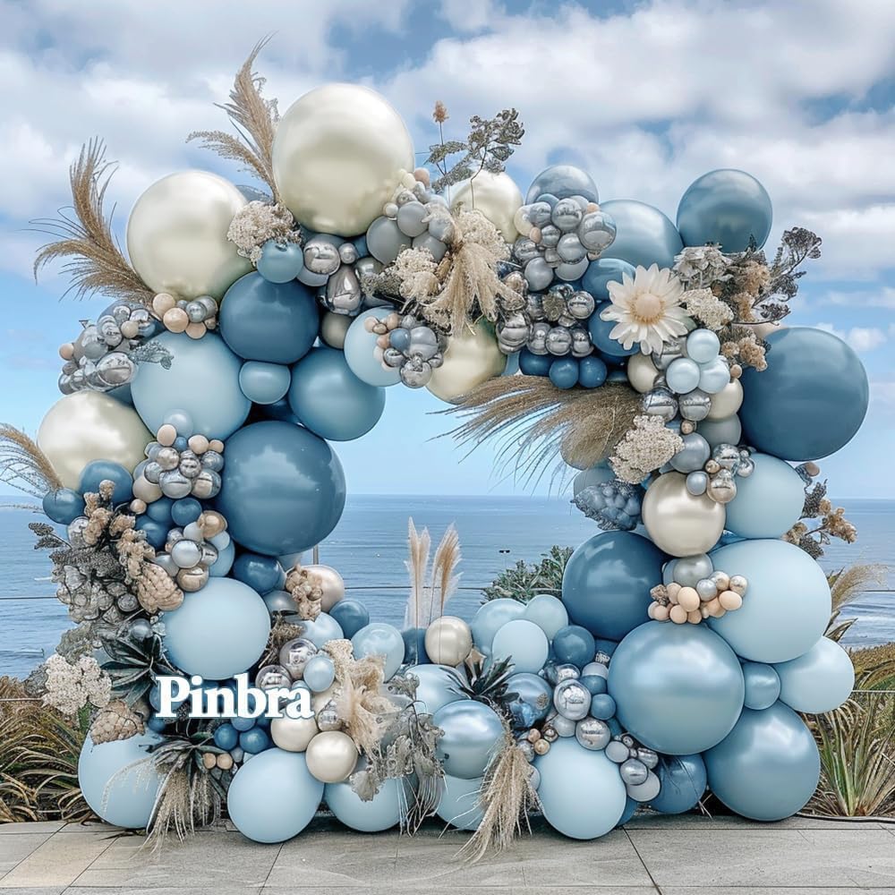 Dusty Blue Balloon Garland - Double Stuffed Slate Pastel Blue White Sand Pearl Balloon Arch Kit for Baby Shower Birthday Bridal Shower Wedding Graduation Party Decorations