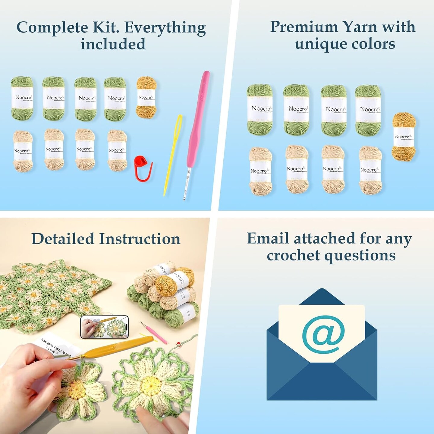 Intermediate & Advanced Crochet Kit – Floral Daisy Shawl DIY Craft Kit with Premium Yarn, Step-by-Step Video Tutorials & Detailed Instructions – Perfect Holiday Gift (Green)