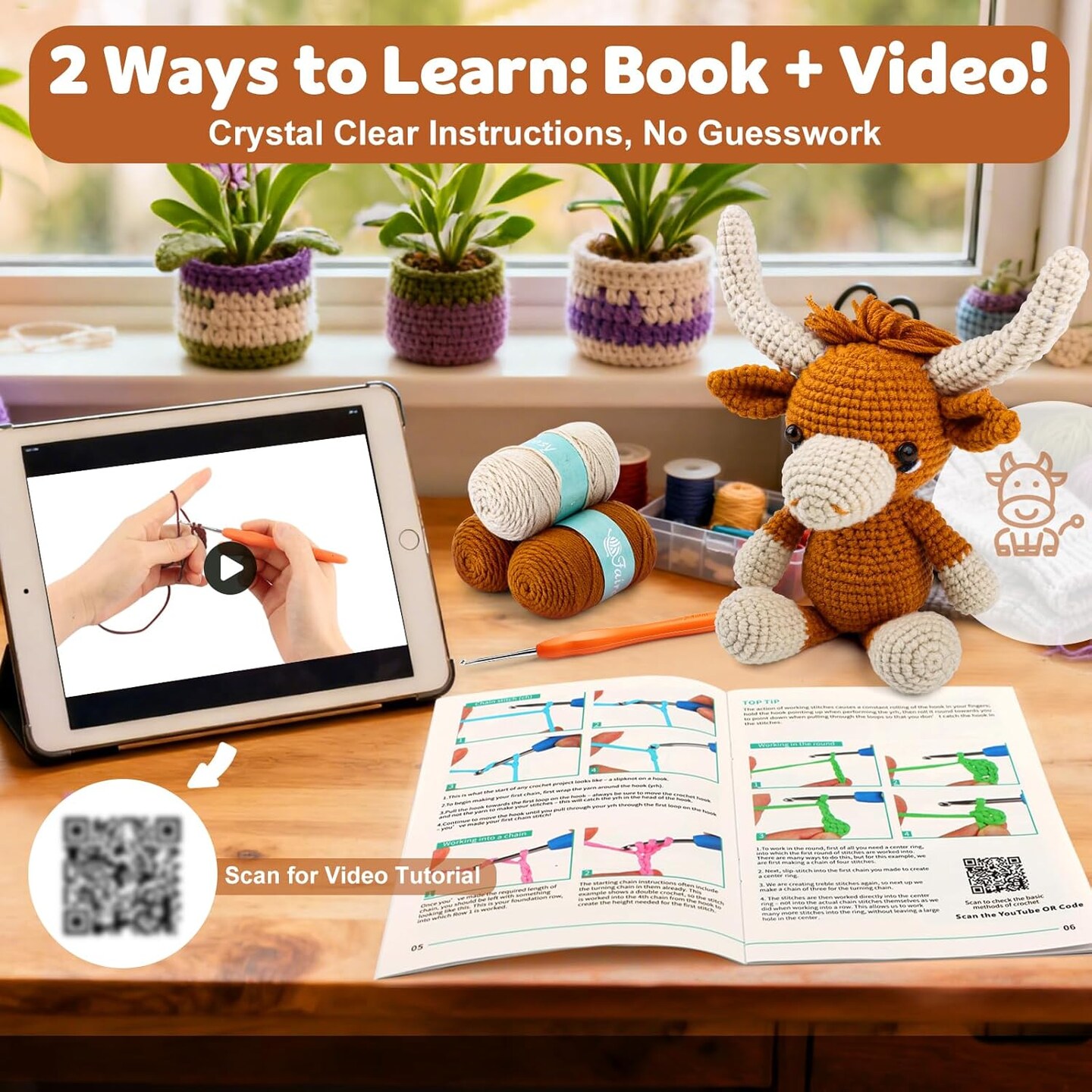 Learn to Crochet Beginner Kit – Highland Cow DIY Crochet Kit with Yarn, Hooks & Video Guide for Teens, Women & Adults – Fun Craft & Handmade Gift