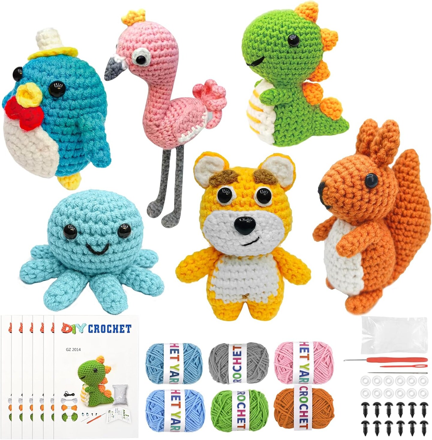 6-Piece Beginner Crochet Kit for Adults – DIY Animal Amigurumi Kits with Step-by-Step Video Tutorials, Yarn, Crochet Hooks, and Perfect Gift for Craft Lovers