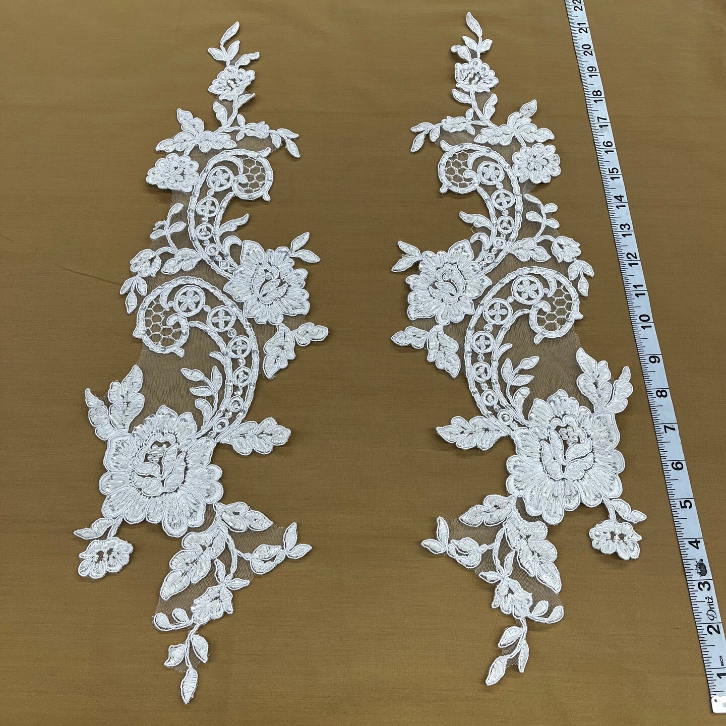 1 Pair Beaded & Corded Floral Lace Applique for Bridal & Quinceanera Dresses 100% Polyester Mesh 20" x 5.5" Each Side