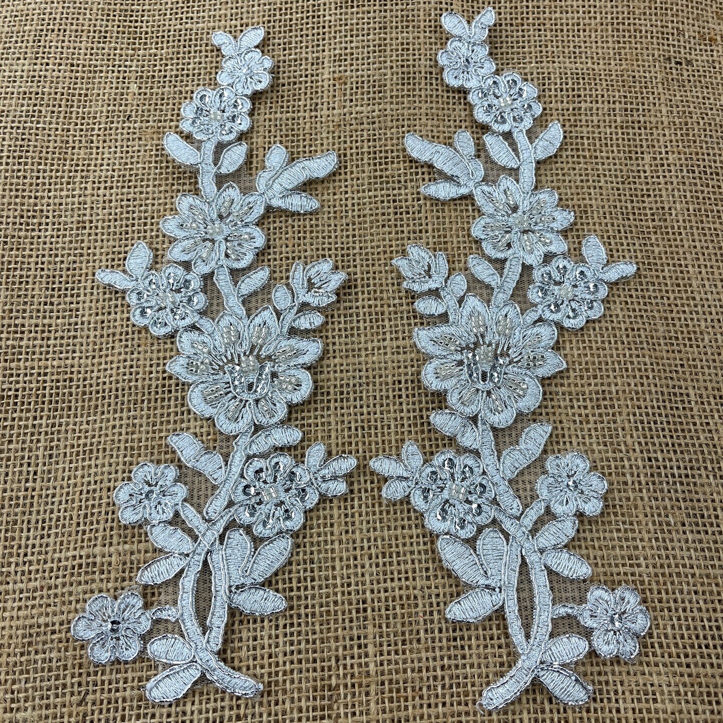 1 Pair Beaded & Corded Floral Lace Applique 10" x 2" Each Side