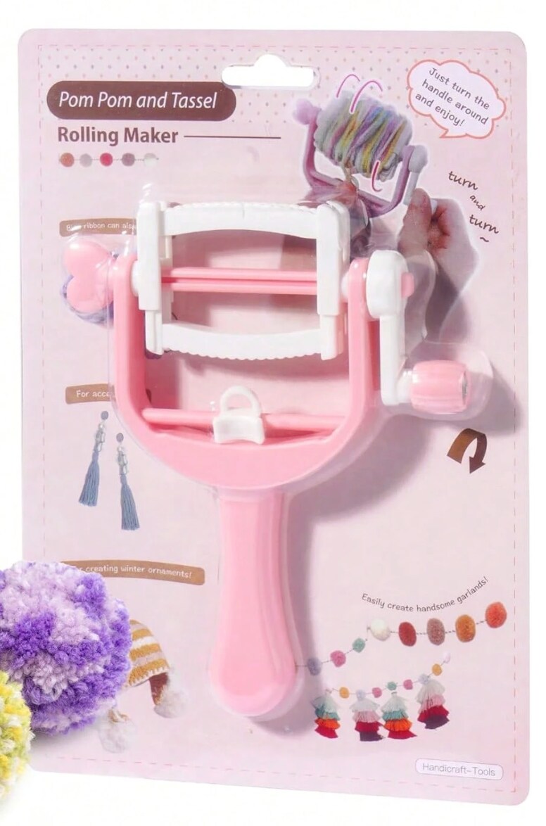 Plastic Pink Pom-Pom & Tassel Rolling Maker – DIY Tassel Tool for Handmade Lovers – Easy Yarn Tassel and Pom-Pom Maker for Crochet, Knitting, Crafting & Gift Wrapping