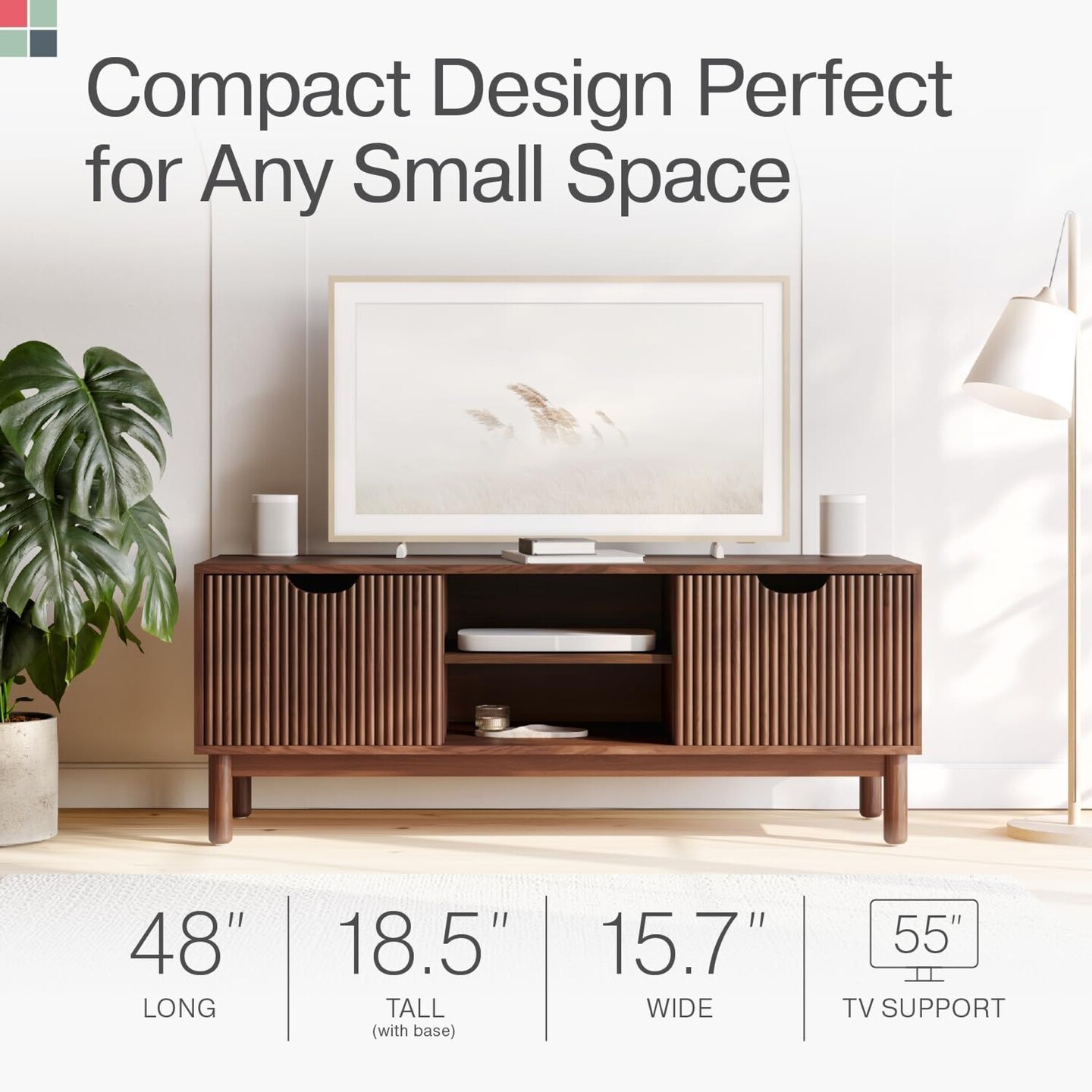 Stead Low Profile Fluted TV Stand, Mid Century Modern TV Stand, Living Room Furniture - 48&#x201D; Entertainment Center with Shelves and Doors, Fits 55&#x22; TVs, Walnut TV Stand, Modern Home Decor (Walnut)