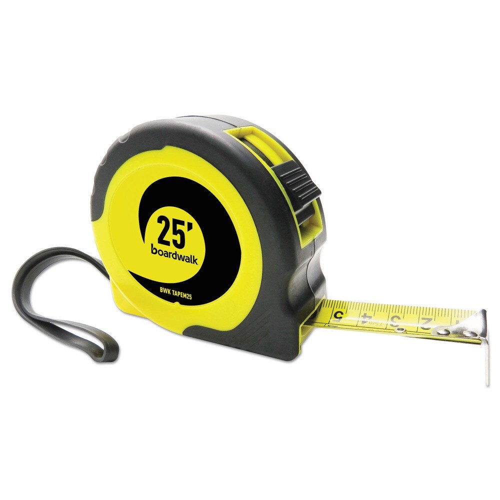 Boardwalk 25 ft. 1/16 in. Graduations Plastic Case Easy Grip Tape Measure - Black and Yellow