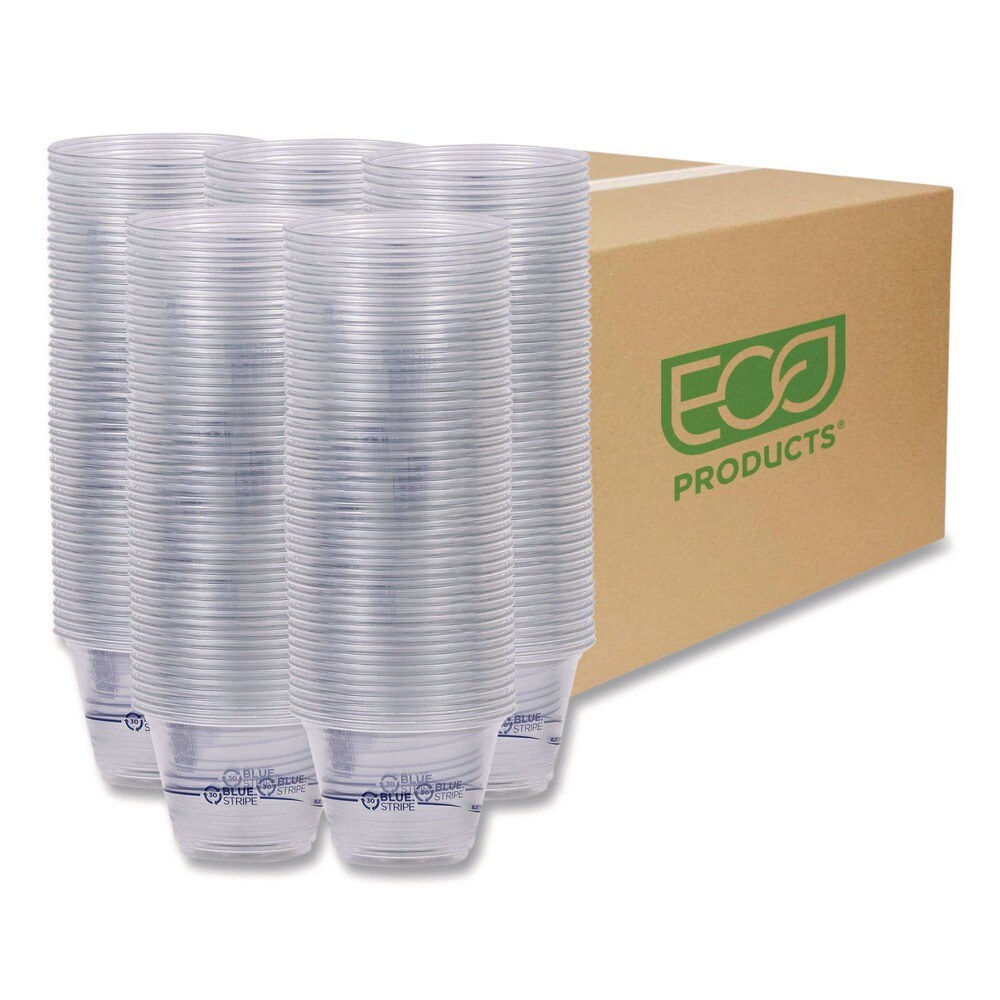 Eco-Products BlueStripe 9 oz. Plastic 25 Percent Recycled Content Cold Cups - Clear/Blue (1000/Carton)